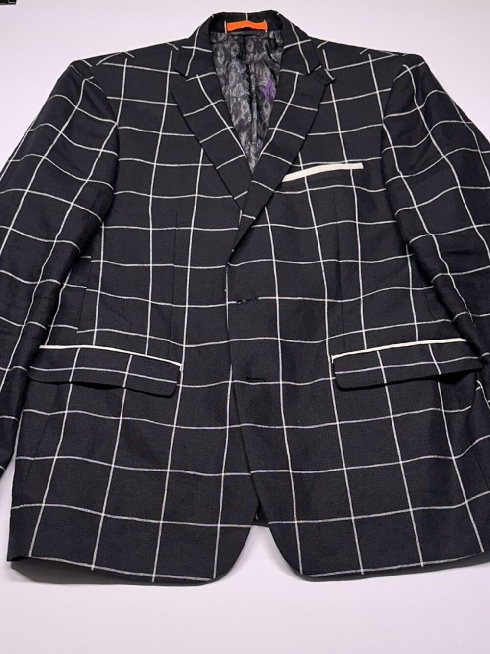 Tallia Orange 44R Linen Sports Coat Black White Windowpane Paisley Lining EUC
